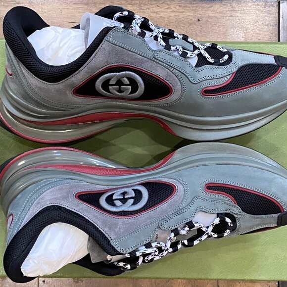 GUCCI RUN GG Interlocking G Suede Logo Sneakers | Grey /Red | Gucci 12 / US 12.5